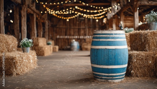 Rustic barn interior with hay bales, string lights, and a blue barrel
