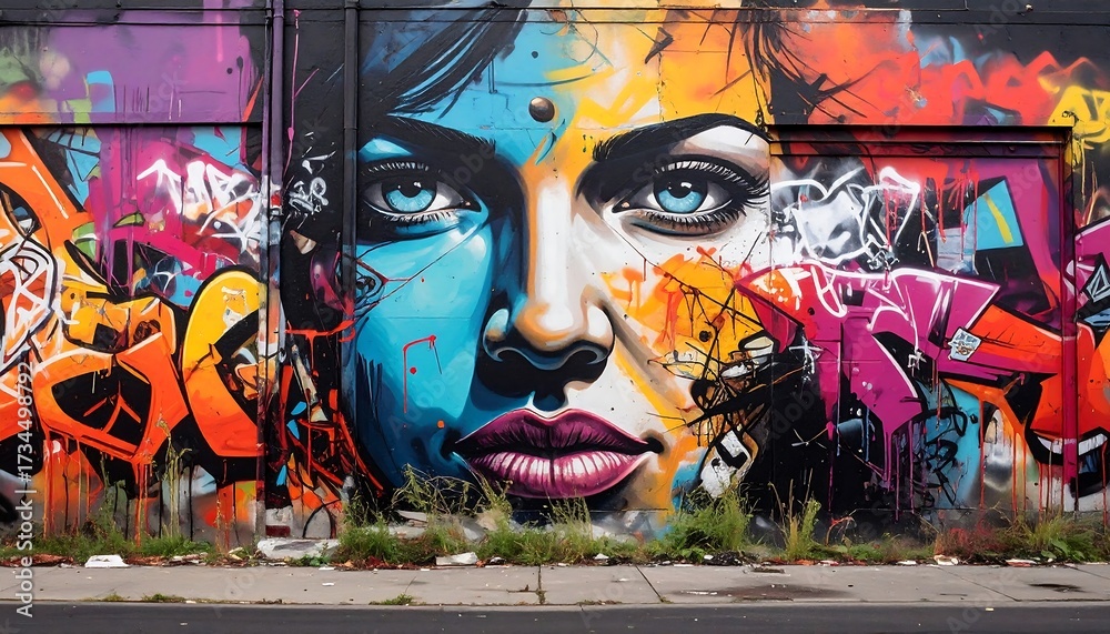 Fototapeta premium Vibrant mural of a woman's face, surrounded by graffiti
