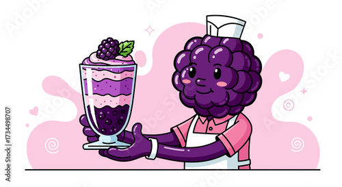 Adorable blackberry chef character presenting a delicious layered dessert in a glass