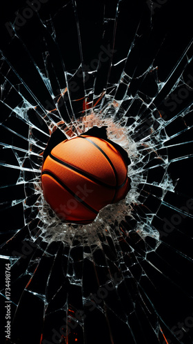 A basketball bursts through shattered glass on a dark backdrop, creating a dynamic scene