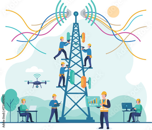 5G Network Global Connectivity Rollout Vector Illustration. Wide Landscape Technicians Installing Gear.