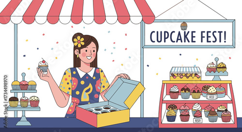 Adorable illustration of a woman at a Cupcake Festival stall selling delicious cupcakes