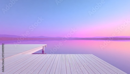 Serene lake pier at sunset with vibrant purple, pink, and blue sky