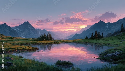 Serene mountain landscape reflects a sunset over a tranquil lake