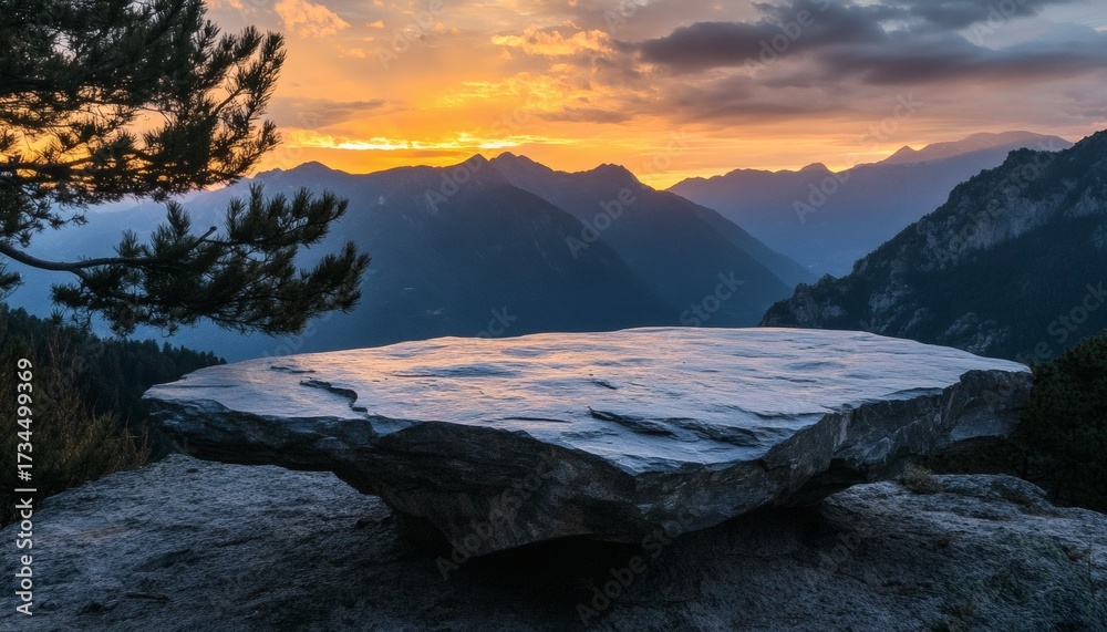 Obraz premium A large, flat rock protrudes from a cliff overlooking a valley with a vibrant sunset behind distant mountains.