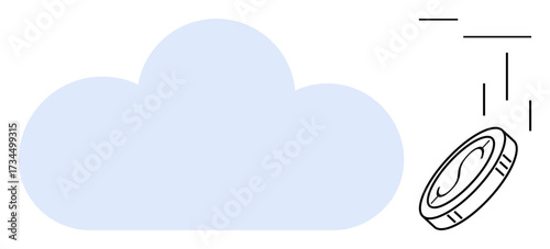 Soft blue cloud and falling coin emphasizing digital money, cloud storage, and futuristic technology. Ideal for finance, security, economy, innovation, data progress. Simplified flat metaphor