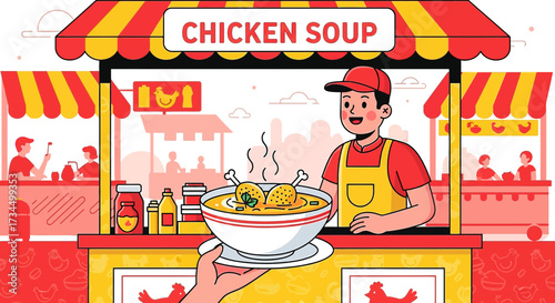 Animated illustration depicting a vibrant chicken soup vendor stall experience