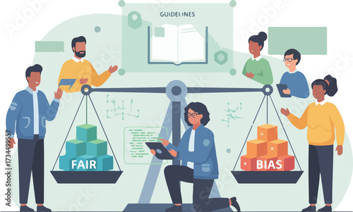 AI Ethics and Bias Mitigation Vector Illustration. Wide Landscape Review Board Balancing Data