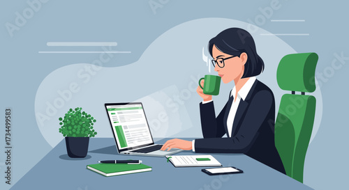 Businesswoman drinking coffee while working on laptop in office illustration style