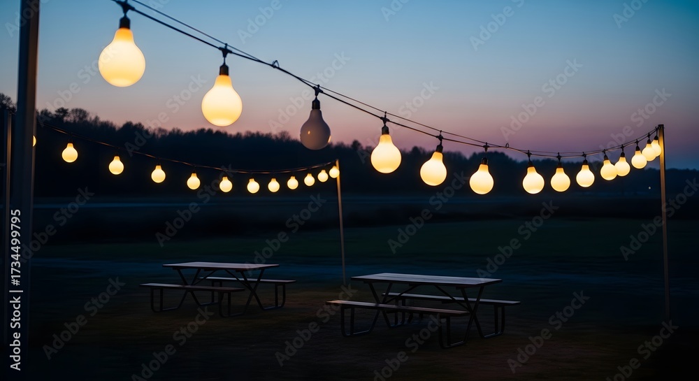 Fototapeta premium Enchanted Evening with Glowing String Lights and Picnic Tables Under a Twilight Sky, Perfect for Outdoor Gatherings and Celebrations