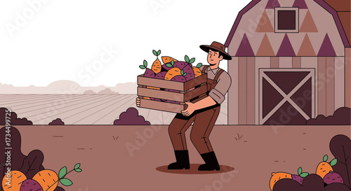 Cartoon farmer carrying a wooden crate filled with freshly harvested vegetables at farm harvest time