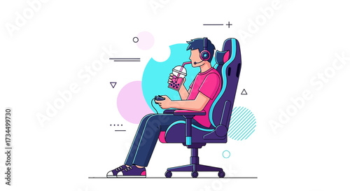 Cartoon gamer illustration features a relaxed player with boba tea in a gaming chair