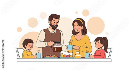 Cartoon illustration depicting a happy family enjoying breakfast time together illustration