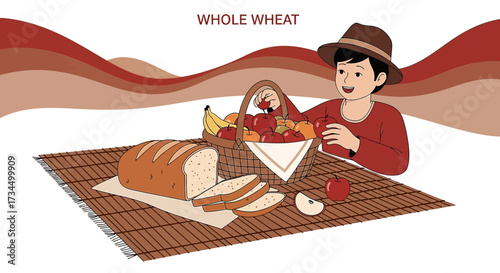 Cartoon Illustration of a Boy with Whole Wheat Bread and a Fruit Basket, Promoting Healthy Eating