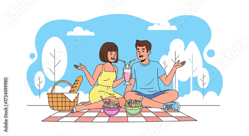 Cartoon illustration of a couple enjoying a delightful picnic in a serene outdoor setting with