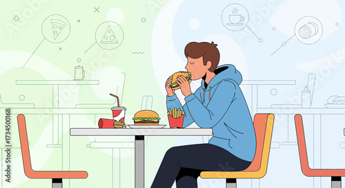 Cartoon illustration of a young man enjoying a burger at a fast food restaurant, with pizza and