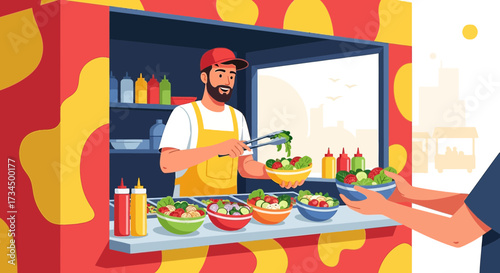 Cartoon Illustration of a Salad Vendor Serving a Customer in a Vibrant Setting