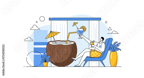 Cartoon illustration showcasing relaxation with a coconut cocktail during a beach vacation scene