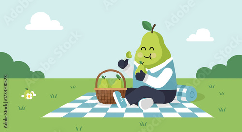 Cartoon pear character enjoying a picnic in a serene park with a basket of pears, illustrating
