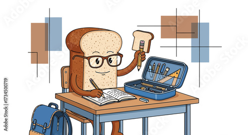 Cartoon slice of bread studying at a desk with stationery and school supplies in class