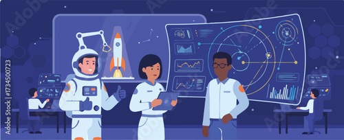 Commercial Space Exploration Team Vector Illustration. Wide Landscape Astronauts Preparing Launch