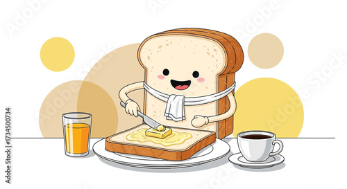Cartoon toast character spreading butter on bread for breakfast with coffee and juice illustration