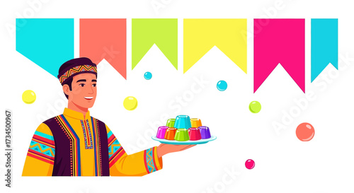 Celebrating Philippines traditional fiesta with a man holding colorful gelatin dessert