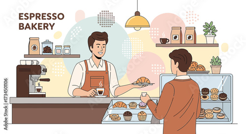 Charming Espresso Bakery Scene with Friendly Barista and Customer Enjoying Pastries