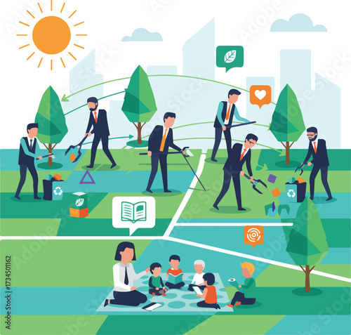 Corporate Social Responsibility (CSR) Community Impact Vector Illustration. Wide Landscape Team Volunteering