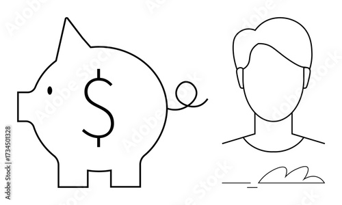 Piggy bank with dollar sign beside an anonymous person outline. Ideal for savings, banking, personal finance, budgeting, investments, economic education, and financial awareness. Simple flat metaphor