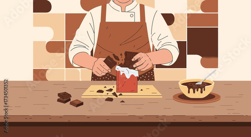 Chef Preparing Chocolate Dessert Illustration Featuring a Pastry Chef Breaking Chocolate