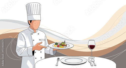 Chef presenting gourmet food at fancy restaurant with wine and elegant presentation