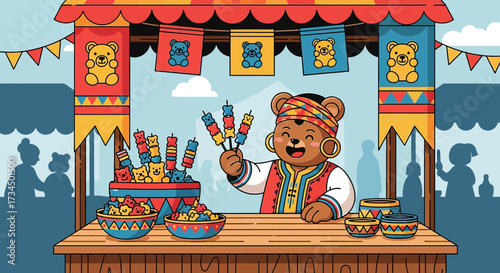 Colorful Candy Bear Vendor at a Festive Carnival with a Cheerful Atmosphere