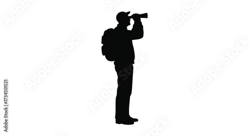 A person with a backpack looking through binoculars stark silhouette