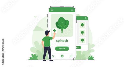 Conceptual illustration of a mobile app showing spinach with a man interacting with it