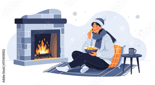 Cozy winter evening scene with a woman enjoying snacks by the fireplace creating a comforting