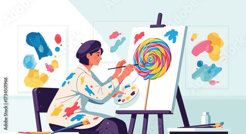 Creative artist painting a colorful lollipop on a canvas in a bright studio setting
