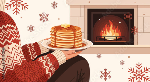 Cozy Winter Morning: Person Enjoying Pancakes by the Fireplace with Festive Snowflakes
