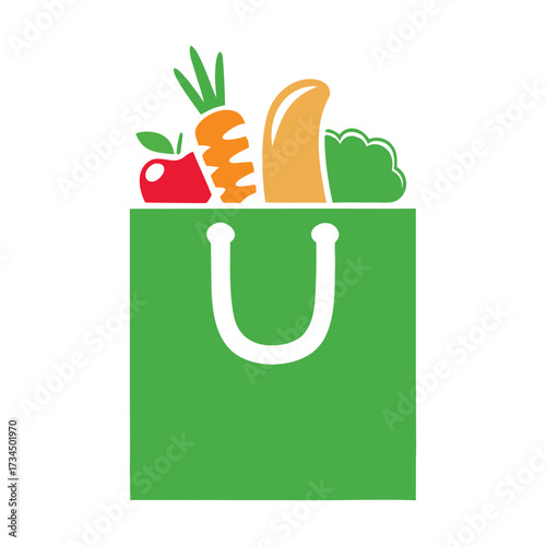 Green shopping bag filled with stylized red apple orange carrots and green broccoli grocery food