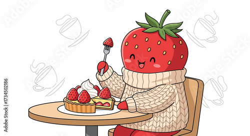 Cute strawberry character enjoying strawberry tart dessert illustration on white background