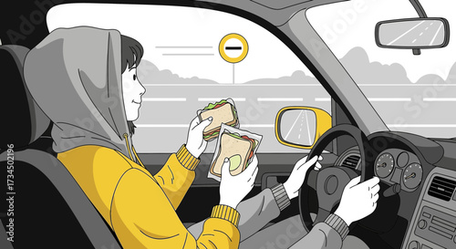 Dangerous driving illustration: Woman distracted, eating sandwich while driving on the highway