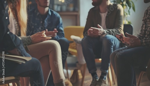 A small group of people are sitting in a circle, likely participating in a discussion, support group, or therapy session.