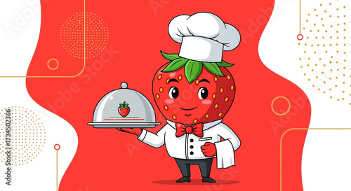 Delightful strawberry chef character illustration holding a dessert platter showcasing culinary