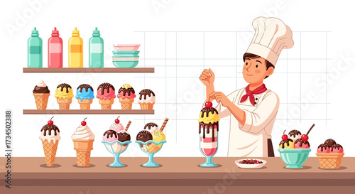 Delightful ice cream creations at a charming parlor shop a chef preparing a sundae
