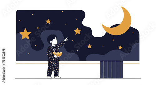 Dreamy night scene with boy in pajamas gazing at moon and stars with cereal bowl