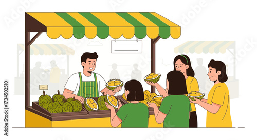 Durian fruit seller at local market with customers buying fresh fruits in bright and colorful