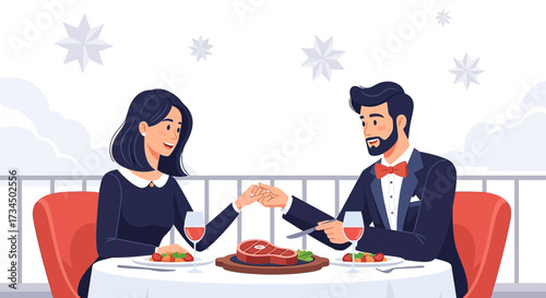 Elegant couple enjoying a romantic dinner with steak and wine at a fancy restaurant