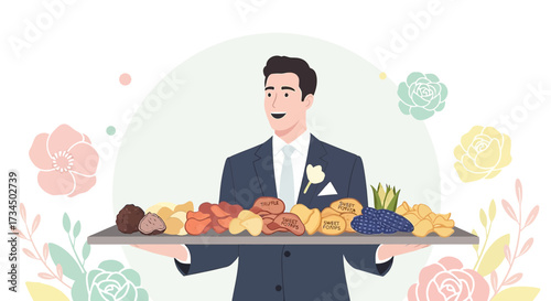 Elegant man in suit offering gourmet chips assortment on tray with floral background