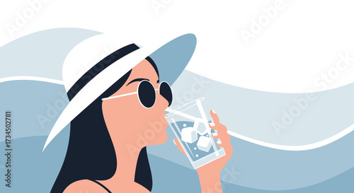 Elegant woman enjoying summer refreshment, sipping iced drink by the ocean