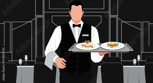 Elegant waiter serving gourmet dishes in a sophisticated restaurant setting design